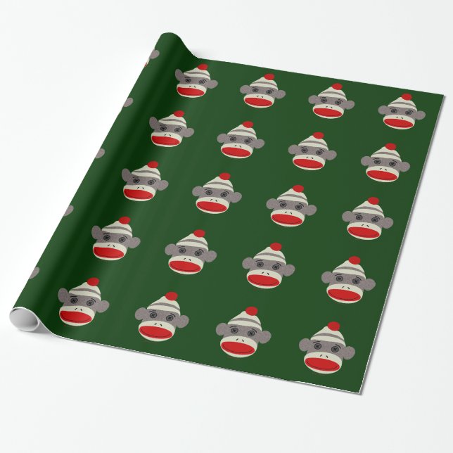 Sock Monkey Face Christmas Wrapping Paper (Unrolled)