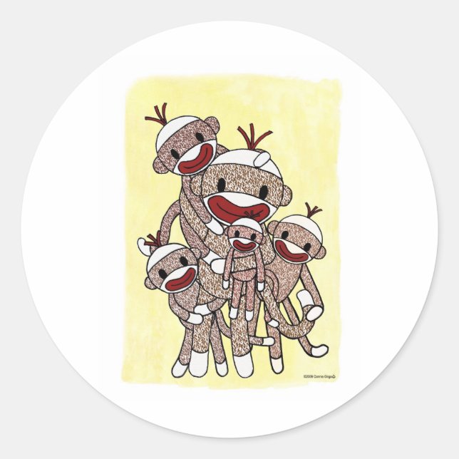 Sock Monkey Family 04 Classic Round Sticker (Front)