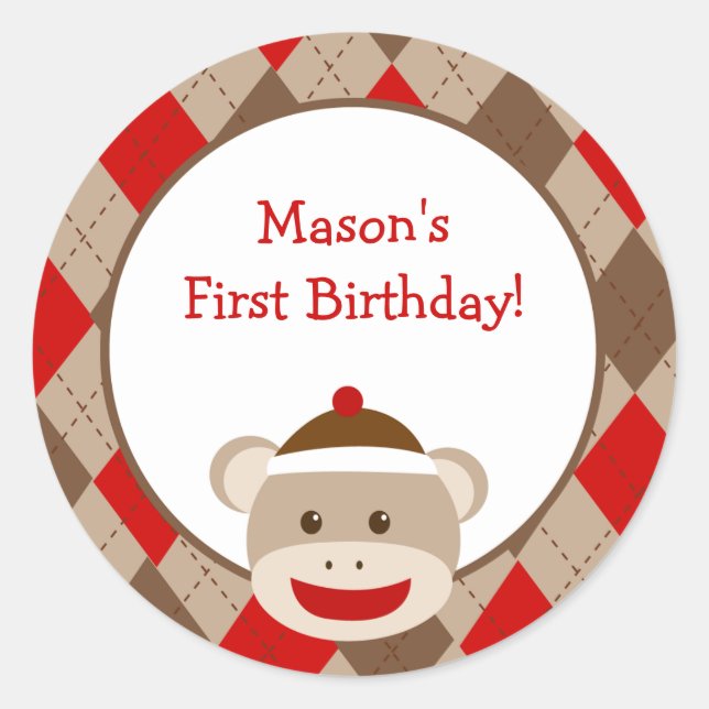 Sock Monkey Favour Stickers (Front)