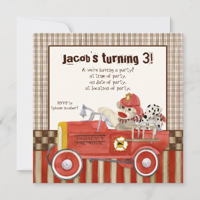 Sock Monkey, Fire Truck Boy Birthday Party Invite (Front)
