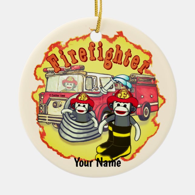 Sock Monkey  Firetruck Firefighter  Ceramic Ornament (Front)