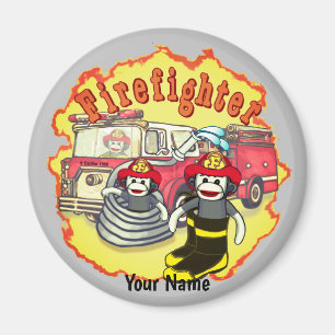 Sock Monkey Firetruck Firefighter  Magnet