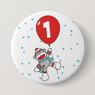 Sock Monkey First Birthday 7.5 Cm Round Badge