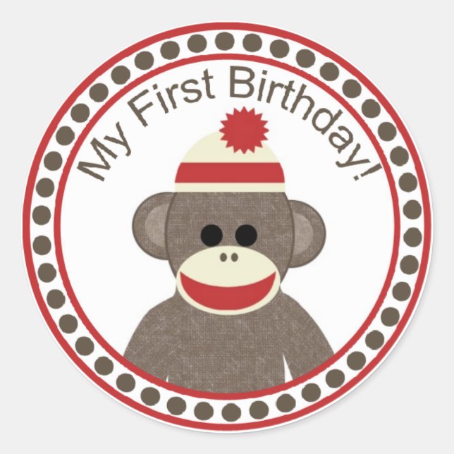 Sock Monkey First Birthday sticker (Front)