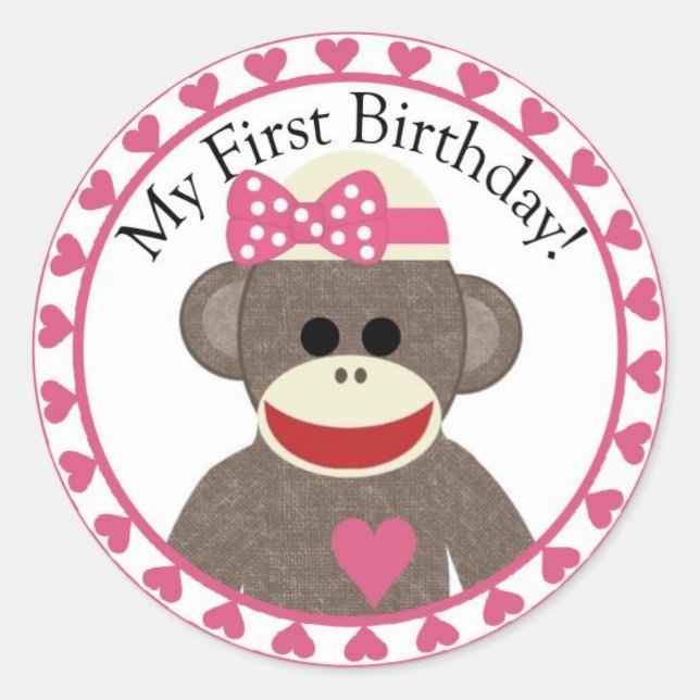Sock Monkey Girl Birthday Sticker (Front)