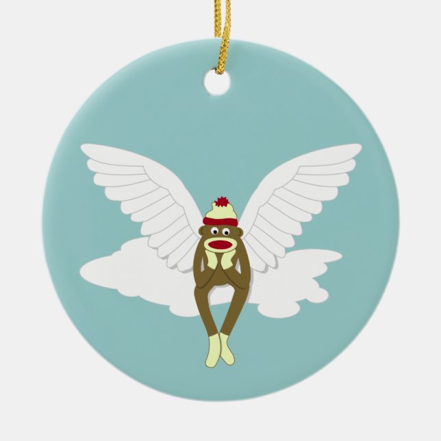 Sock Monkey Guardian Angel Ceramic Tree Decoration (Front)