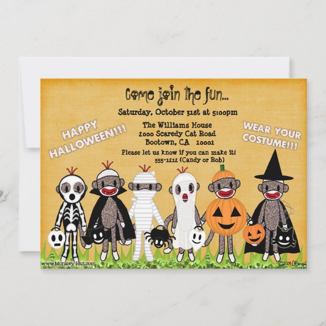 Sock Monkey Halloween Greeting Card or Invitation (Front)