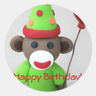 Sock Monkey Happy Birthday with Red Balloon Classic Round Sticker