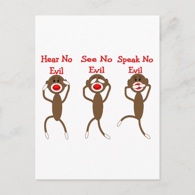 Sock Monkey--Hear, Speak, See NO EVIL Postcard (Front)