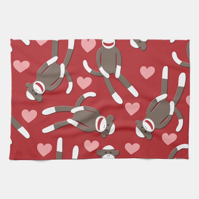 Sock Monkey Hearts Tea Towel (Horizontal)