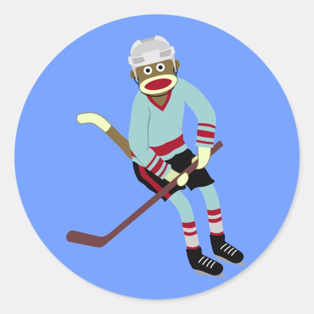 Sock Monkey Hockey Player Classic Round Sticker (Front)