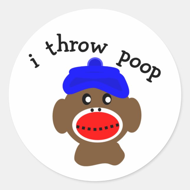 Sock Monkey "I THROW POOP" Classic Round Sticker (Front)