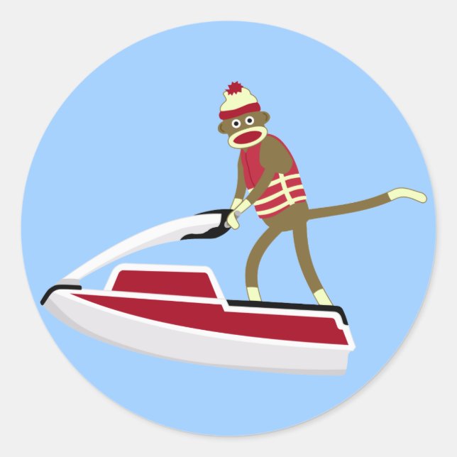 Sock Monkey Jetski Classic Round Sticker (Front)