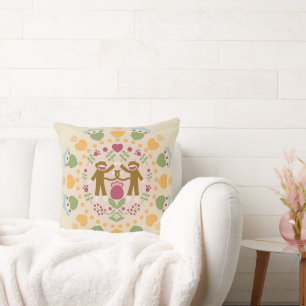 Sock Monkey Lovers in a Folk Garden Cushion