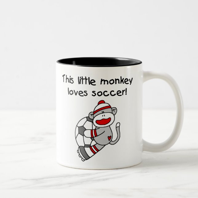 Sock Monkey Loves Soccer Two-Tone Coffee Mug (Right)
