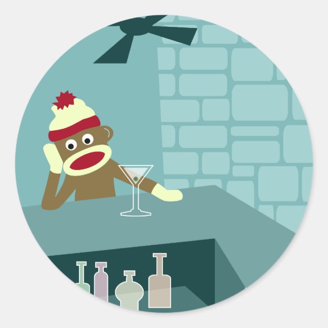Sock Monkey Martini Bar Classic Round Sticker (Front)