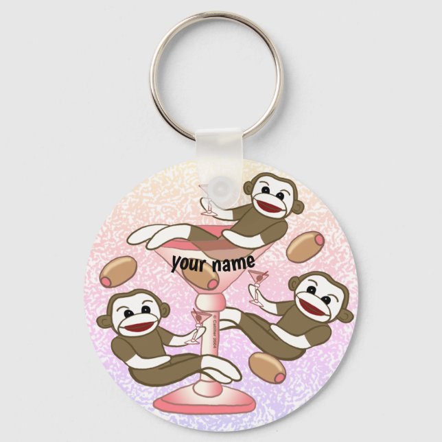 Sock Monkey Martini  Key Ring (Front)