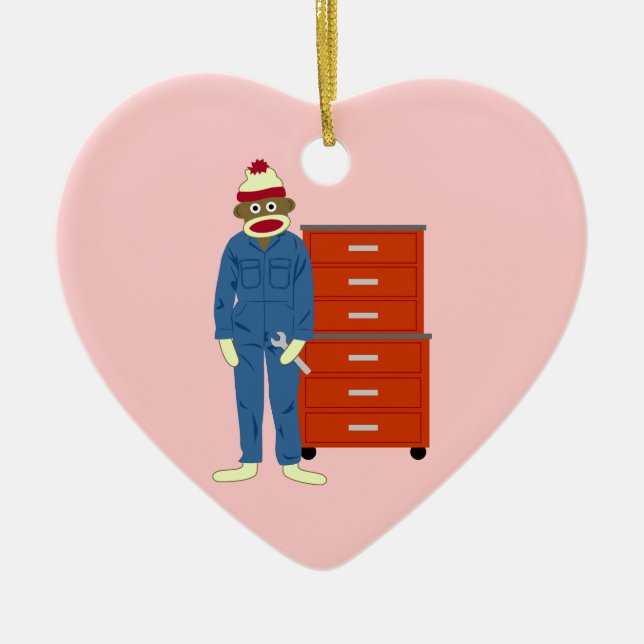 Sock Monkey Mechanic Ceramic Ornament (Front)