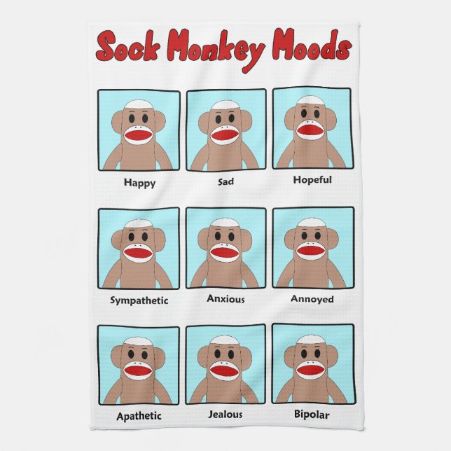 Sock Monkey Moods Tea Towel (Vertical)