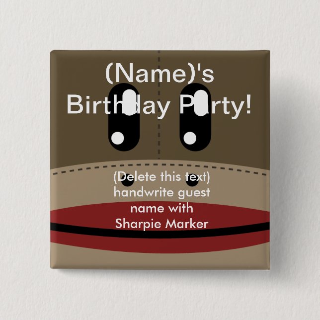 SOCK MONKEY Name Pin Favours for Party Birthday (Front)