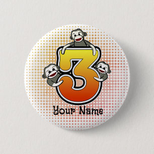 Sock Monkey  Number 3  6 Cm Round Badge