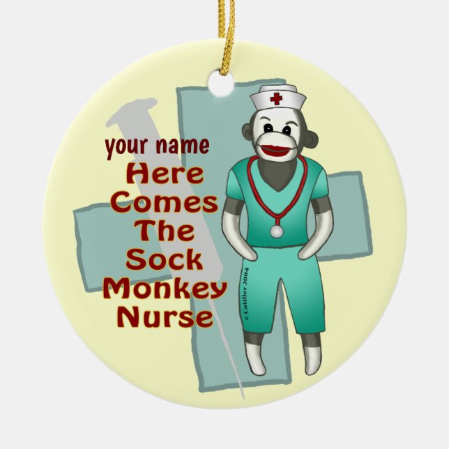 Sock Monkey Nurse custom name ornament (Front)