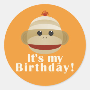 Sock Monkey Orange Birthday Stickers Kelly Schwark