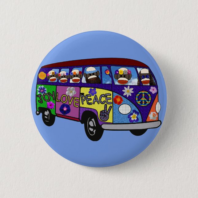 Sock Monkey Peace Bus  6 Cm Round Badge (Front)