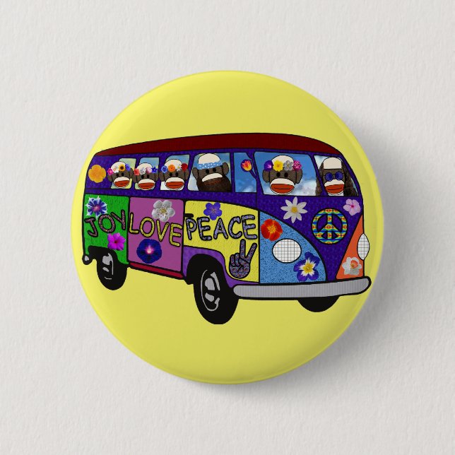 Sock Monkey Peace Bus  6 Cm Round Badge (Front)