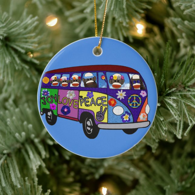 Sock Monkey Peace Bus  Ceramic Ornament (Tree)