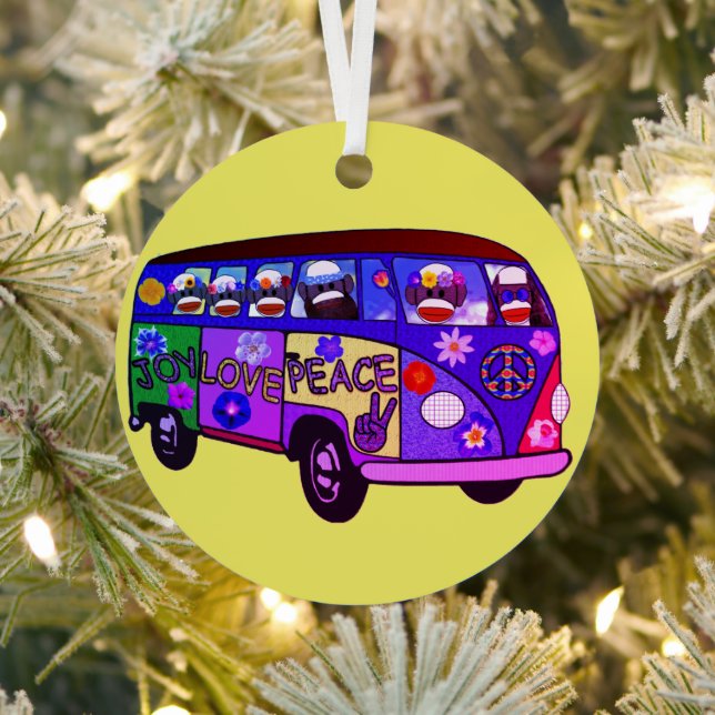 Sock Monkey Peace Bus  Metal Tree Decoration (Insitu)