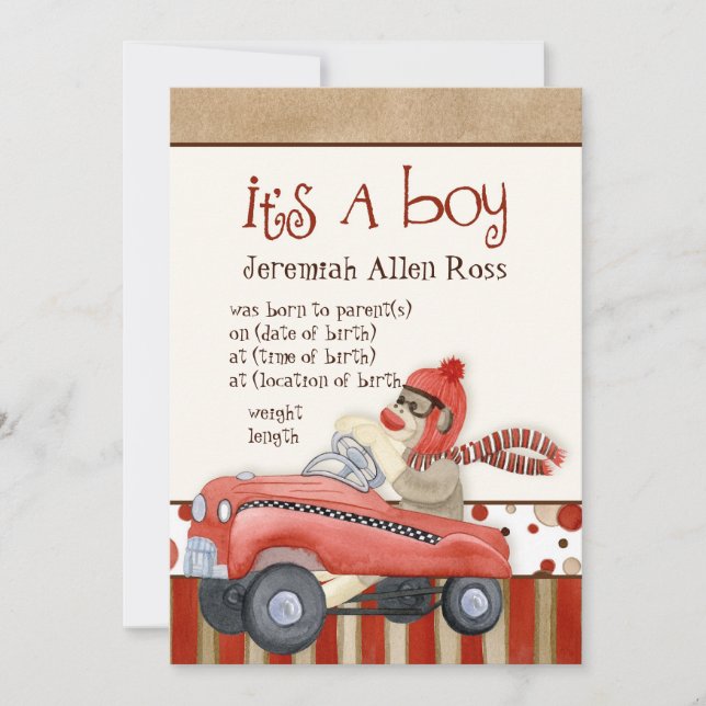 Sock Monkey Pedal Car, Boy Baby Birth Announcement (Front)