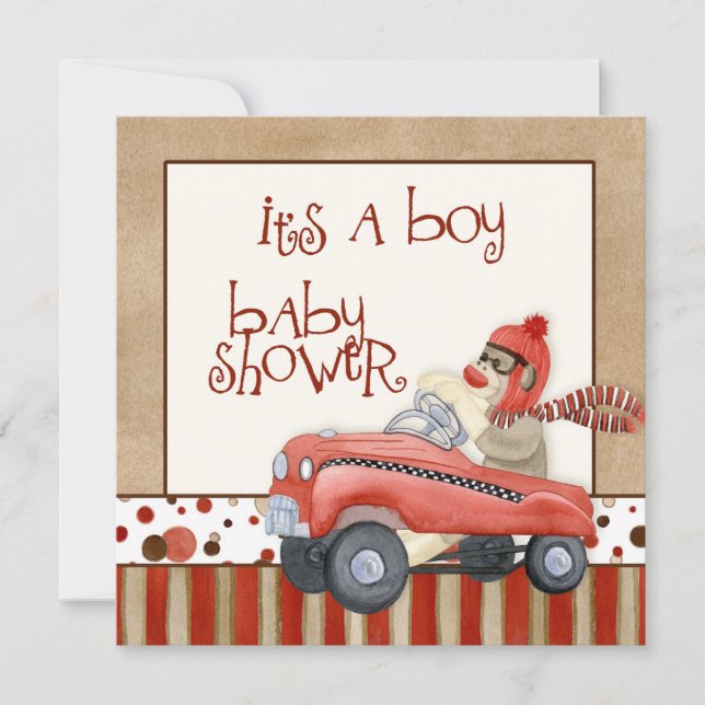 Sock Monkey Pedal Car, Boy Baby Shower Invitation (Front)