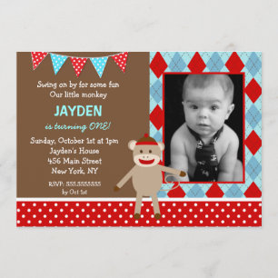 Sock Monkey Photo Birthday Party Invitations