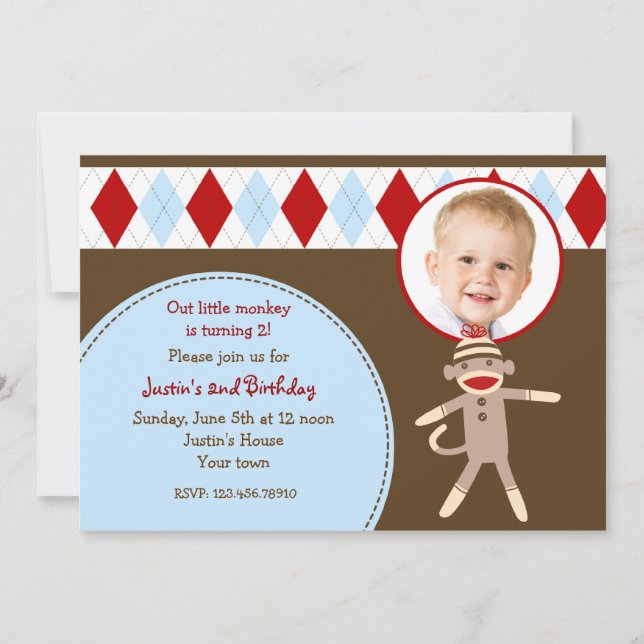 Sock Monkey Photo Birthday Party Invitations (Front)