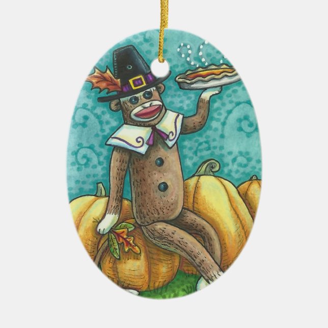 SOCK MONKEY PILGRIM, HOLIDAY THANKSGIVING ORNAMENT (Front)