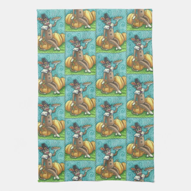 SOCK MONKEY PILGRIM, THANKSGIVING KITCHEN TOWEL (Vertical)