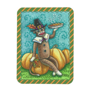 SOCK MONKEY PILGRIM, THANKSGIVING MAGNET Holiday