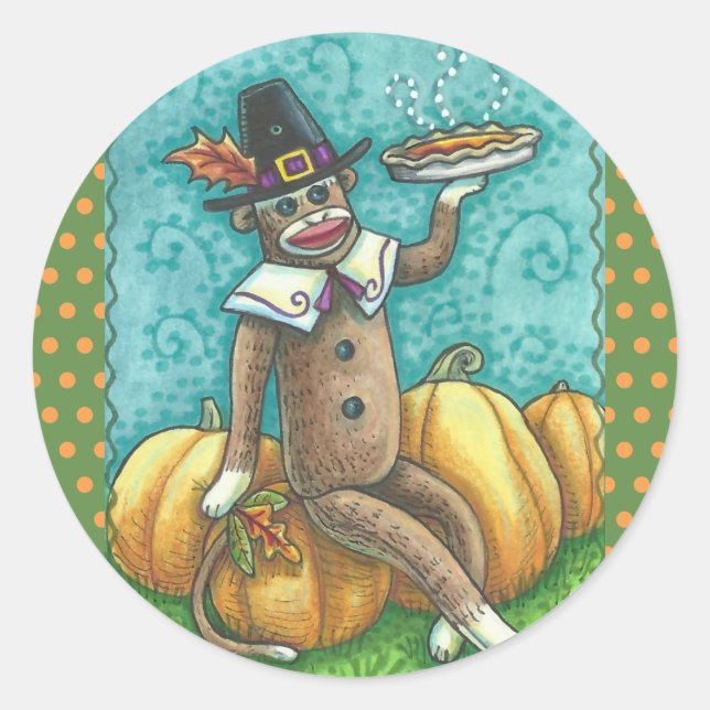 SOCK MONKEY PILGRIM THANKSGIVING STICKER SHEET Rnd (Front)