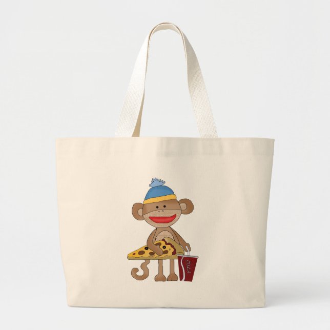 Sock monkey pizza and a soda large tote bag (Front)
