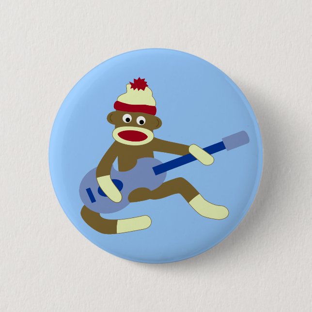 Sock Monkey Playing Blue Guitar 6 Cm Round Badge (Front)