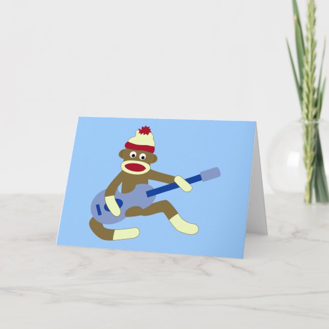 Sock Monkey Playing Blue Guitar Card (Front)