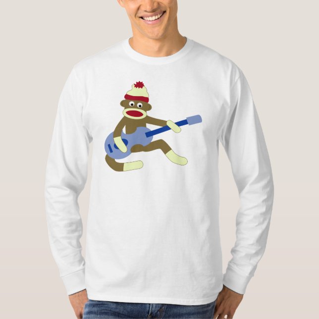 Sock Monkey Playing Blue Guitar T-Shirt (Front)