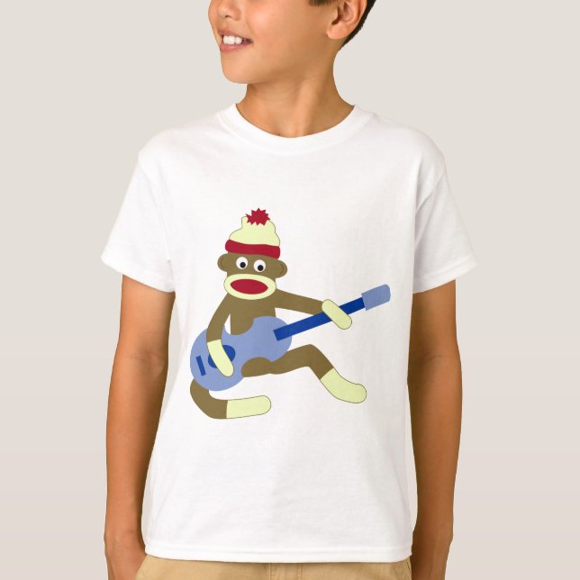 Sock Monkey Playing Blue Guitar T-Shirt (Front)