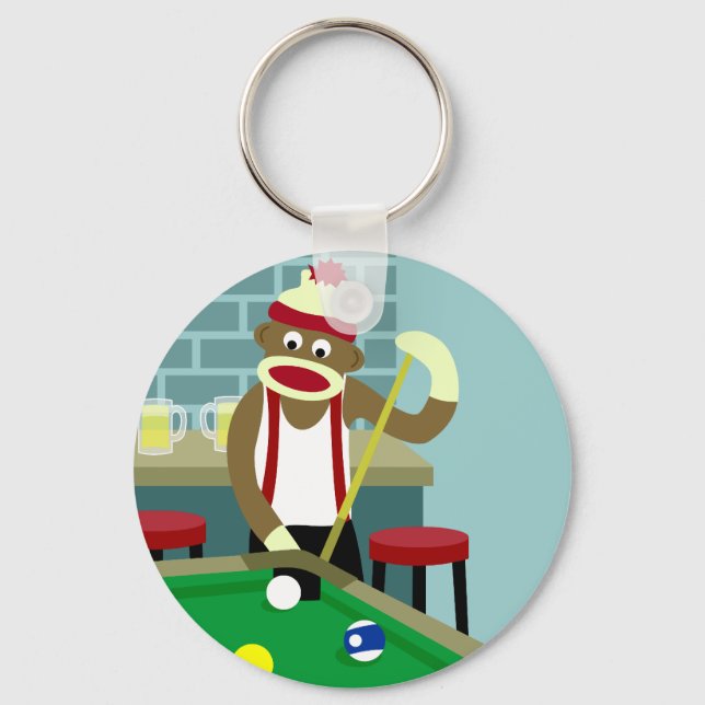 Sock Monkey Pool Billiards Player Key Ring (Front)