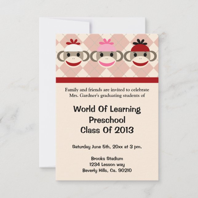 Sock Monkey Preschool Or Kindergarten Graduation Invitation (Front)