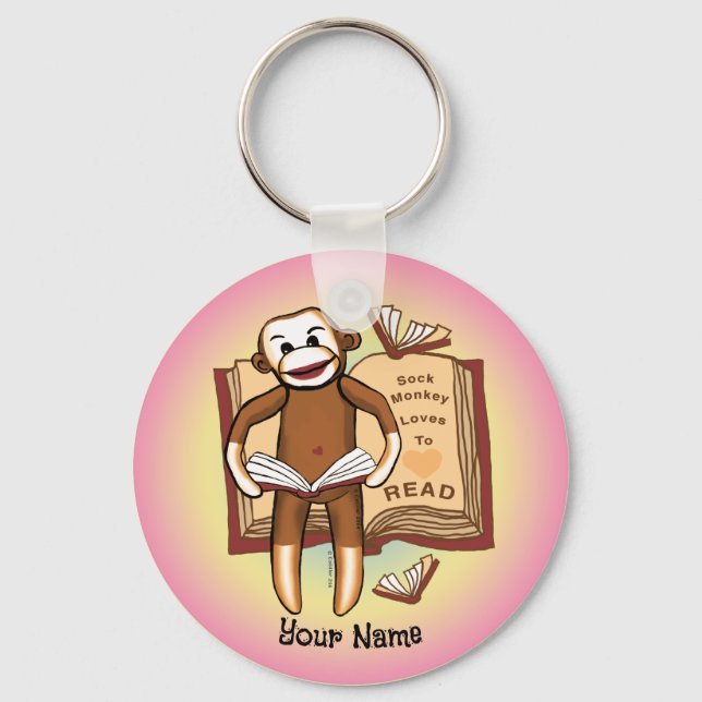 Sock Monkey Reads  Key Ring (Front)