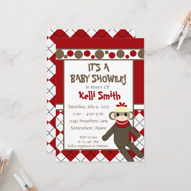 Sock Monkey Red and White Baby Shower Invitations (Front/Back In Situ)