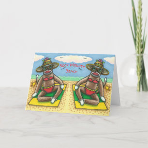 SOCK MONKEY RED BIKINI, AT THE BEACH CARTOON Funny Card