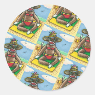 SOCK MONKEY RED BIKINI, AT THE BEACH CARTOON Funny Classic Round Sticker